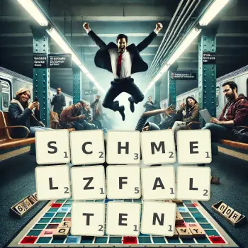 Kreative Illustration für ein Scrabble-Spiel, bei dem das Wort SCHMELZFALTEN mit Steinen auf dem Brett gelegt wurde.