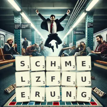Kreative Illustration für ein Scrabble-Spiel, bei dem das Wort SCHMELZFEUERUNG mit Steinen auf dem Brett gelegt wurde.