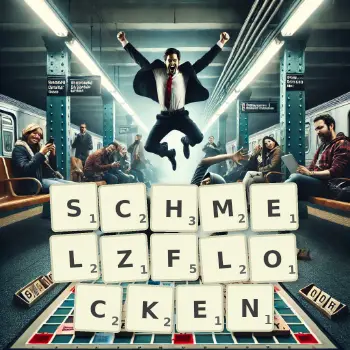 Kreative Illustration für ein Scrabble-Spiel, bei dem das Wort SCHMELZFLOCKEN mit Steinen auf dem Brett gelegt wurde.