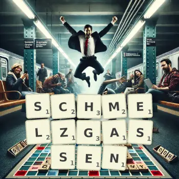 Kreative Illustration für ein Scrabble-Spiel, bei dem das Wort SCHMELZGASSEN mit Steinen auf dem Brett gelegt wurde.