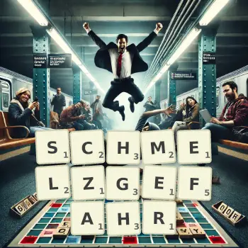 Kreative Illustration für ein Scrabble-Spiel, bei dem das Wort SCHMELZGEFAHR mit Steinen auf dem Brett gelegt wurde.