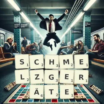 Kreative Illustration für ein Scrabble-Spiel, bei dem das Wort SCHMELZGERÄTE mit Steinen auf dem Brett gelegt wurde.