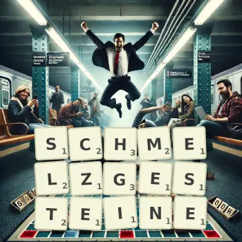 Kreative Illustration für ein Scrabble-Spiel, bei dem das Wort SCHMELZGESTEINE mit Steinen auf dem Brett gelegt wurde.