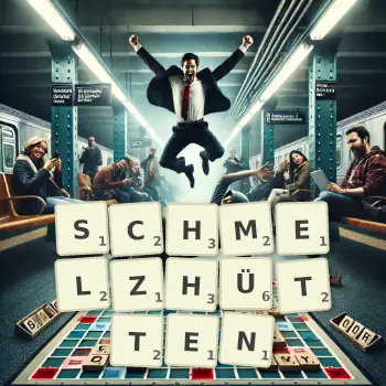 Kreative Illustration für ein Scrabble-Spiel, bei dem das Wort SCHMELZHÜTTEN mit Steinen auf dem Brett gelegt wurde.