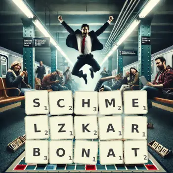 Kreative Illustration für ein Scrabble-Spiel, bei dem das Wort SCHMELZKARBONAT mit Steinen auf dem Brett gelegt wurde.
