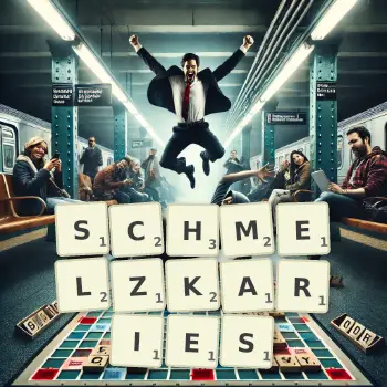 Kreative Illustration für ein Scrabble-Spiel, bei dem das Wort SCHMELZKARIES mit Steinen auf dem Brett gelegt wurde.