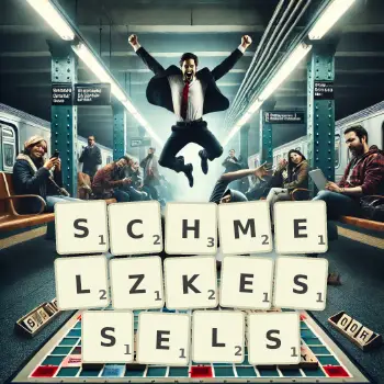 Kreative Illustration für ein Scrabble-Spiel, bei dem das Wort SCHMELZKESSELS mit Steinen auf dem Brett gelegt wurde.