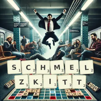 Kreative Illustration für ein Scrabble-Spiel, bei dem das Wort SCHMELZKITT mit Steinen auf dem Brett gelegt wurde.