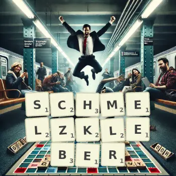 Kreative Illustration für ein Scrabble-Spiel, bei dem das Wort SCHMELZKLEBER mit Steinen auf dem Brett gelegt wurde.