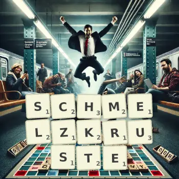Kreative Illustration für ein Scrabble-Spiel, bei dem das Wort SCHMELZKRUSTE mit Steinen auf dem Brett gelegt wurde.