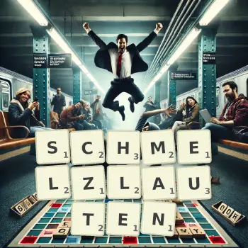 Kreative Illustration für ein Scrabble-Spiel, bei dem das Wort SCHMELZLAUTEN mit Steinen auf dem Brett gelegt wurde.