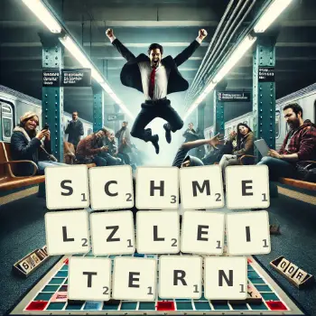 Kreative Illustration für ein Scrabble-Spiel, bei dem das Wort SCHMELZLEITERN mit Steinen auf dem Brett gelegt wurde.
