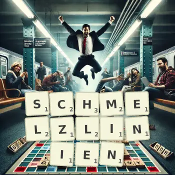 Kreative Illustration für ein Scrabble-Spiel, bei dem das Wort SCHMELZLINIEN mit Steinen auf dem Brett gelegt wurde.