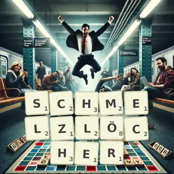 Kreative Illustration für ein Scrabble-Spiel, bei dem das Wort SCHMELZLÖCHER mit Steinen auf dem Brett gelegt wurde.