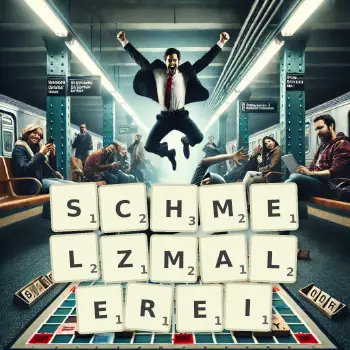 Kreative Illustration für ein Scrabble-Spiel, bei dem das Wort SCHMELZMALEREI mit Steinen auf dem Brett gelegt wurde.