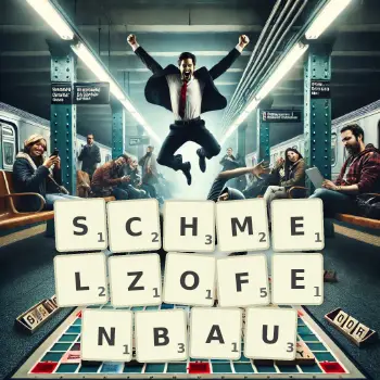 Kreative Illustration für ein Scrabble-Spiel, bei dem das Wort SCHMELZOFENBAU mit Steinen auf dem Brett gelegt wurde.