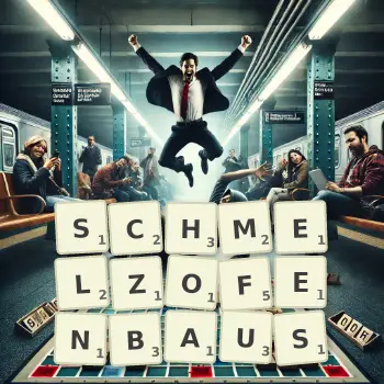 Kreative Illustration für ein Scrabble-Spiel, bei dem das Wort SCHMELZOFENBAUS mit Steinen auf dem Brett gelegt wurde.