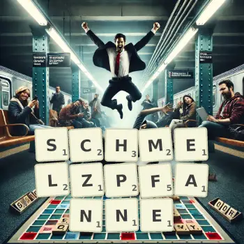 Kreative Illustration für ein Scrabble-Spiel, bei dem das Wort SCHMELZPFANNE mit Steinen auf dem Brett gelegt wurde.