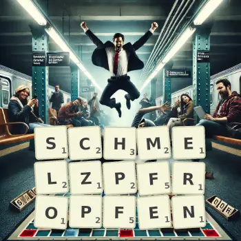 Kreative Illustration für ein Scrabble-Spiel, bei dem das Wort SCHMELZPFROPFEN mit Steinen auf dem Brett gelegt wurde.