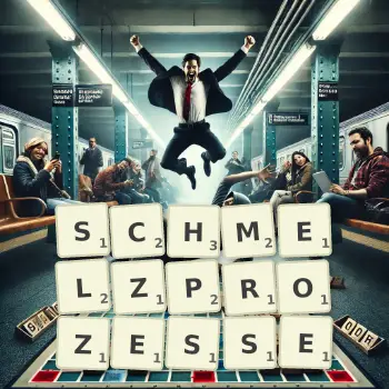 Kreative Illustration für ein Scrabble-Spiel, bei dem das Wort SCHMELZPROZESSE mit Steinen auf dem Brett gelegt wurde.