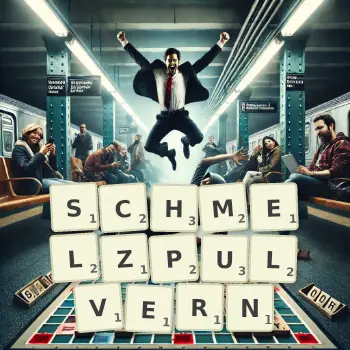 Kreative Illustration für ein Scrabble-Spiel, bei dem das Wort SCHMELZPULVERN mit Steinen auf dem Brett gelegt wurde.