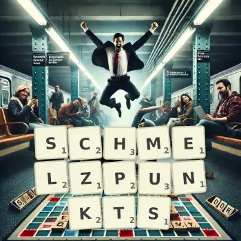 Kreative Illustration für ein Scrabble-Spiel, bei dem das Wort SCHMELZPUNKTS mit Steinen auf dem Brett gelegt wurde.