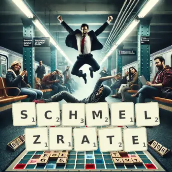 Kreative Illustration für ein Scrabble-Spiel, bei dem das Wort SCHMELZRATE mit Steinen auf dem Brett gelegt wurde.