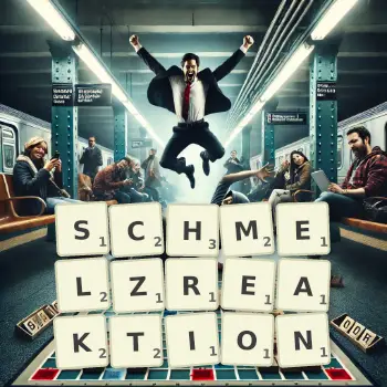 Kreative Illustration für ein Scrabble-Spiel, bei dem das Wort SCHMELZREAKTION mit Steinen auf dem Brett gelegt wurde.