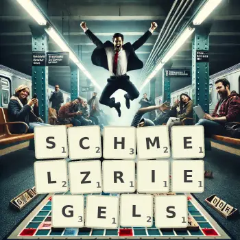 Kreative Illustration für ein Scrabble-Spiel, bei dem das Wort SCHMELZRIEGELS mit Steinen auf dem Brett gelegt wurde.