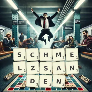 Kreative Illustration für ein Scrabble-Spiel, bei dem das Wort SCHMELZSANDEN mit Steinen auf dem Brett gelegt wurde.