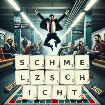 Kreative Illustration für ein Scrabble-Spiel, bei dem das Wort SCHMELZSCHICHT mit Steinen auf dem Brett gelegt wurde.