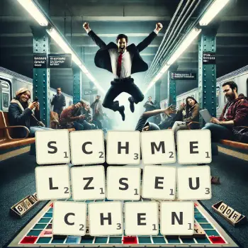 Kreative Illustration für ein Scrabble-Spiel, bei dem das Wort SCHMELZSEUCHEN mit Steinen auf dem Brett gelegt wurde.