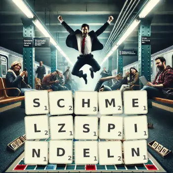 Kreative Illustration für ein Scrabble-Spiel, bei dem das Wort SCHMELZSPINDELN mit Steinen auf dem Brett gelegt wurde.