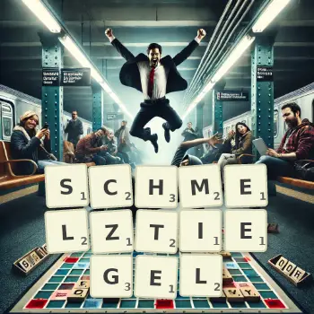Kreative Illustration für ein Scrabble-Spiel, bei dem das Wort SCHMELZTIEGEL mit Steinen auf dem Brett gelegt wurde.