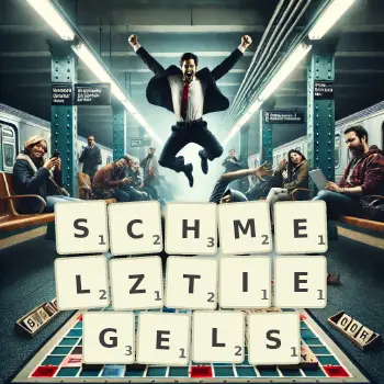 Kreative Illustration für ein Scrabble-Spiel, bei dem das Wort SCHMELZTIEGELS mit Steinen auf dem Brett gelegt wurde.