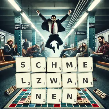 Kreative Illustration für ein Scrabble-Spiel, bei dem das Wort SCHMELZWANNEN mit Steinen auf dem Brett gelegt wurde.