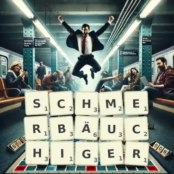 Kreative Illustration für ein Scrabble-Spiel, bei dem das Wort SCHMERBÄUCHIGER mit Steinen auf dem Brett gelegt wurde.