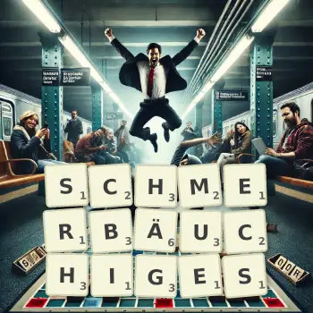 Kreative Illustration für ein Scrabble-Spiel, bei dem das Wort SCHMERBÄUCHIGES mit Steinen auf dem Brett gelegt wurde.