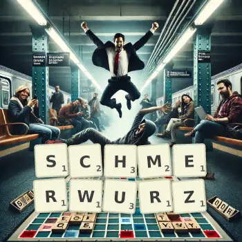Kreative Illustration für ein Scrabble-Spiel, bei dem das Wort SCHMERWURZ mit Steinen auf dem Brett gelegt wurde.