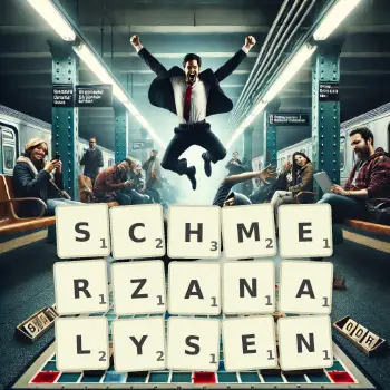 Kreative Illustration für ein Scrabble-Spiel, bei dem das Wort SCHMERZANALYSEN mit Steinen auf dem Brett gelegt wurde.