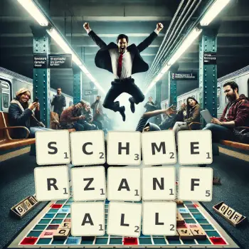 Kreative Illustration für ein Scrabble-Spiel, bei dem das Wort SCHMERZANFALL mit Steinen auf dem Brett gelegt wurde.