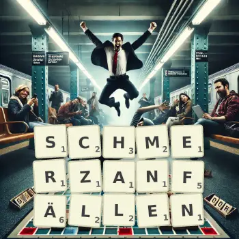 Kreative Illustration für ein Scrabble-Spiel, bei dem das Wort SCHMERZANFÄLLEN mit Steinen auf dem Brett gelegt wurde.