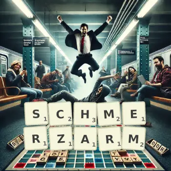 Kreative Illustration für ein Scrabble-Spiel, bei dem das Wort SCHMERZARM mit Steinen auf dem Brett gelegt wurde.