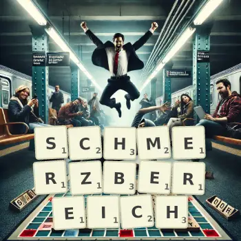 Kreative Illustration für ein Scrabble-Spiel, bei dem das Wort SCHMERZBEREICH mit Steinen auf dem Brett gelegt wurde.