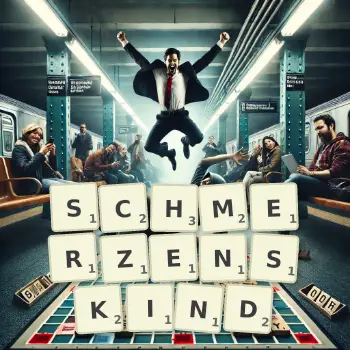 Kreative Illustration für ein Scrabble-Spiel, bei dem das Wort SCHMERZENSKIND mit Steinen auf dem Brett gelegt wurde.