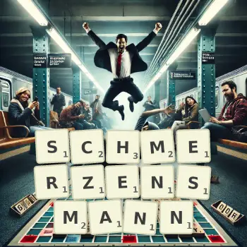 Kreative Illustration für ein Scrabble-Spiel, bei dem das Wort SCHMERZENSMANN mit Steinen auf dem Brett gelegt wurde.