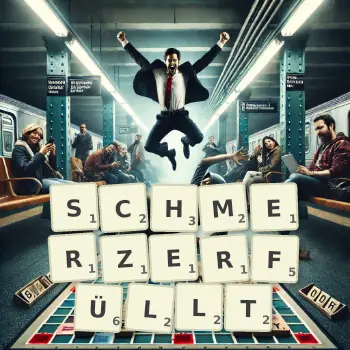 Kreative Illustration für ein Scrabble-Spiel, bei dem das Wort SCHMERZERFÜLLT mit Steinen auf dem Brett gelegt wurde.