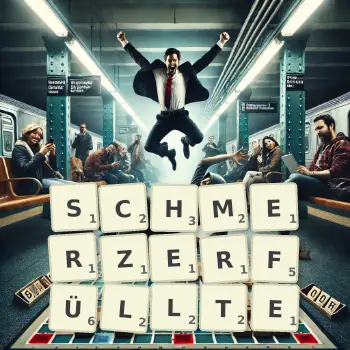 Kreative Illustration für ein Scrabble-Spiel, bei dem das Wort SCHMERZERFÜLLTE mit Steinen auf dem Brett gelegt wurde.