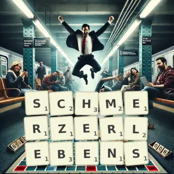 Kreative Illustration für ein Scrabble-Spiel, bei dem das Wort SCHMERZERLEBENS mit Steinen auf dem Brett gelegt wurde.