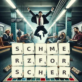Kreative Illustration für ein Scrabble-Spiel, bei dem das Wort SCHMERZFORSCHER mit Steinen auf dem Brett gelegt wurde.